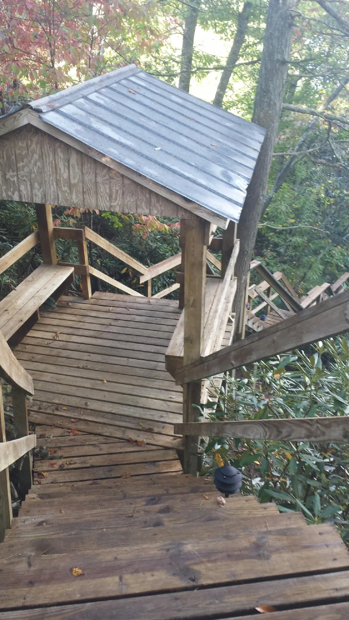 Metal roofed shelter over wooden steps on a wooded walkway — Skylight Repair & Installation work by our crew in Monarch